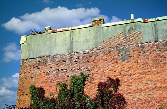 Old brick building in city against sky with ivy