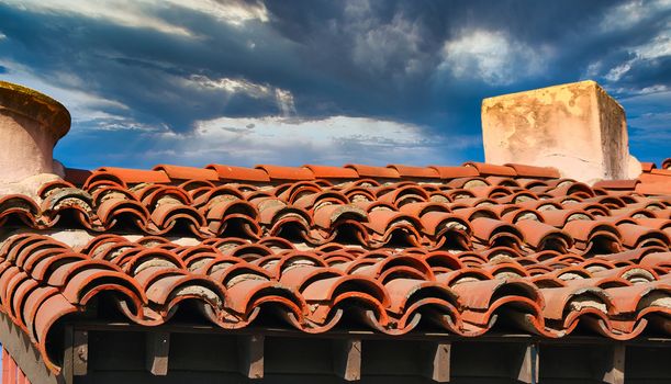 Old Tile Roof with Dramatic Sky