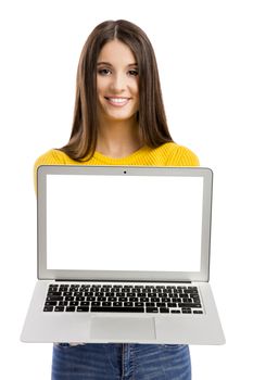 Beautiful  woman showing something on a laptop