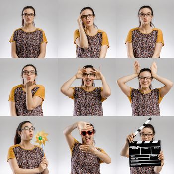Multiple portraits of the same woman making different activities