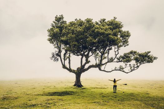 Traveller woman feeling the power of the nature at an ancient forest