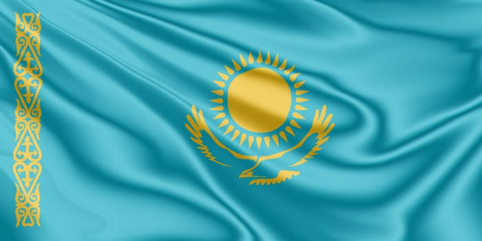 National flag of Kazakhstan fluttering in the wind in 3D illustration
