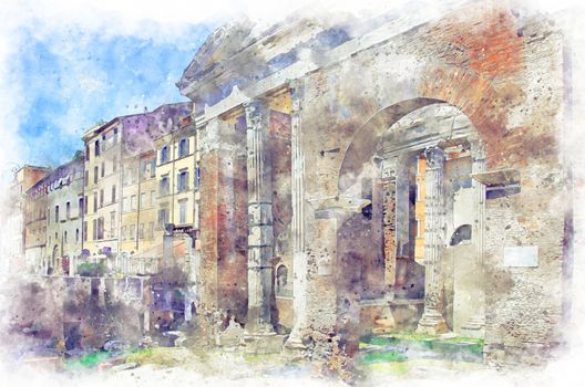 Digital illustration in watercolor style of the Monument Portico of Octavia, Remains of an ancient walkway originally built in the 2nd century B.C. to link two Roman temples.