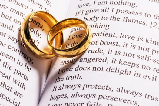 Two golden wedding rings on Holy bible book close up
