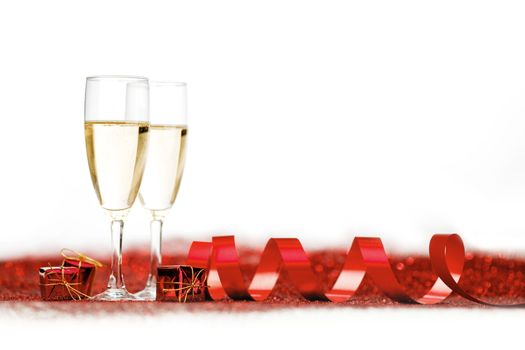 Two glasses of champagne with red decor, Valentines day concept