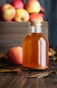 Apple cider vinegar with the mother, yeast and healthy bacteria, surrounded by fresh apples. Apple cider vinegar has long been used in naturopathy to treat things such as diabetes and high cholesterol.