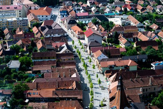 Aerial photo of a crowded street in Rasnov, Brasov country, Transylvania, Romania.