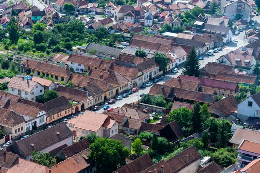 Aerial photo of a crowded street in Rasnov, Brasov country, Transylvania, Romania.