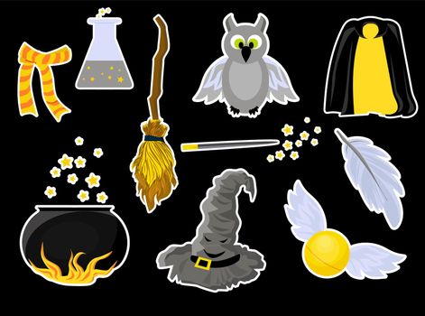 Set of stickers on the theme of Harry Potter and Magic. Hogwarts. School of magic. Mantle of Invisibility.