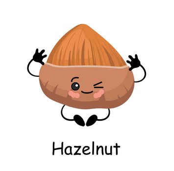 Hazelnut . illustration. Cute CUTE Walnut character with arms and legs Isolated on a white background.