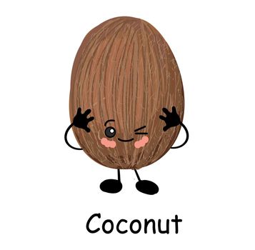 Cute happy cartoon coconut with a cheesy grin and its tongue protruding and arms with a second plain variant with no face and separate elements.