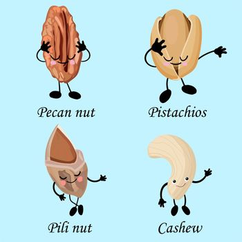 collection of nuts characters. Healthy foods. Vegetarianism and healthy food. Cashews, pistachios, pecans.