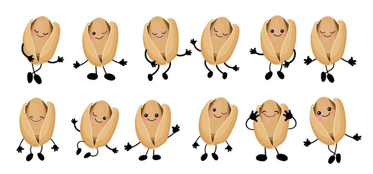 Pistachios large set of Cute nuts characters with hands and eyes. Cartoon fruit or vegetable. Useful vegan food. Isolated on white background.