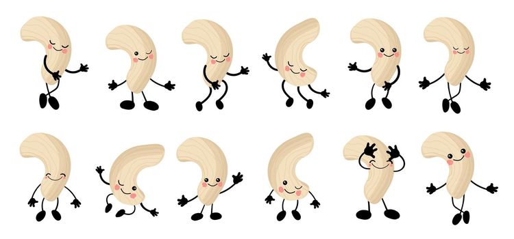 Cashew. a large set of Cute Nuts characters with hands and eyes. Cartoon fruit or vegetable. Useful vegan food. Isolated on white background.
