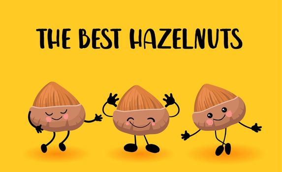 Walnut hazelnut character. Greeting card or logo yellow bright background. Useful and fresh food. Vegetarianism and vegans