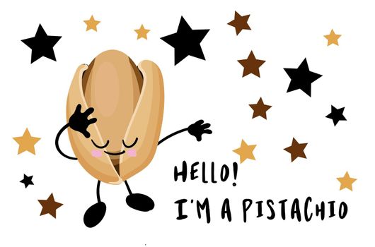Pistachio character. Useful vegan food. Nuts are good