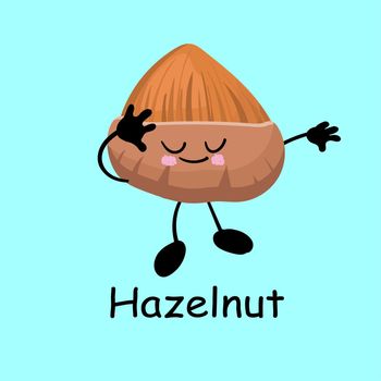 Hazelnut. Cute nut character with hands and eyes. Cartoon fruit or vegetable. Useful vegan food