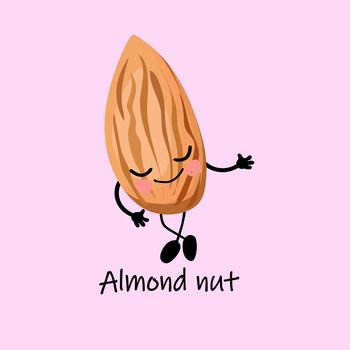 Walnut almond character with arms and legs. Children's card for studying nuts.