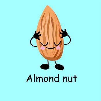 Almonds. Cute nut character with hands and eyes. Cartoon fruit or vegetable. Useful vegan food