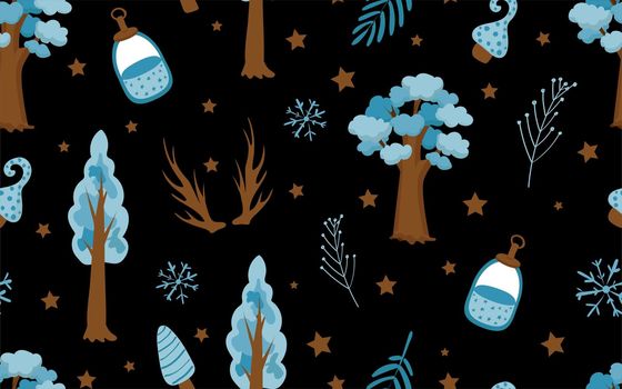 Cute fashion pattern in the northern style. Blue tone. Tree, deer horns and leaves on a white background. Children's textiles.