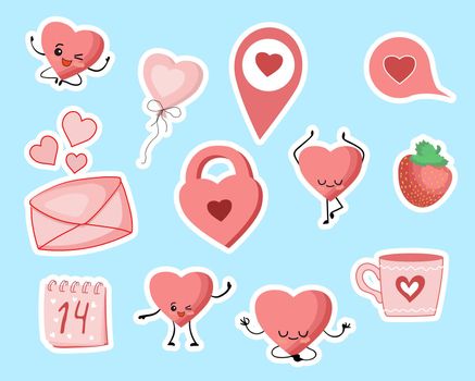 Valentine's Day stickers. Heart, castle, cup cloud love