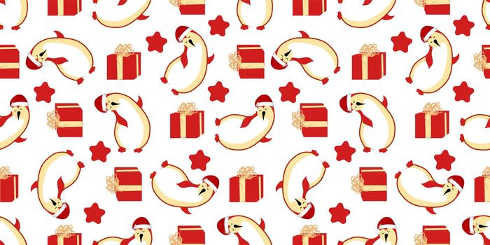 Christmas seamless pattern. Cute funny cartoon penguin. Arctic animals. New Year. Gift in a box.
