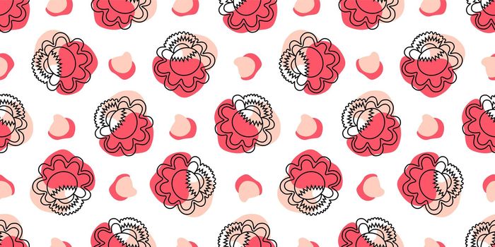 Seamless pattern with linear flowers. Petrikov painting style. Textile and wrapping paper design. Red, pink and white color.