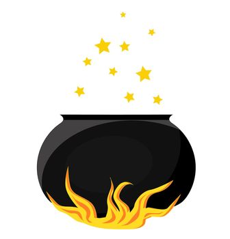 A magical item. A pot of boiling magic potion. The cauldron is on fire.