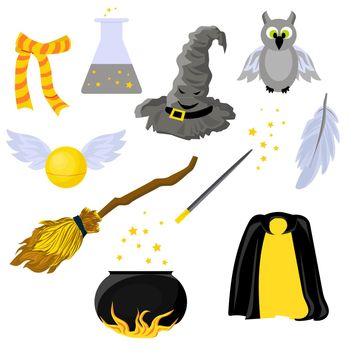 Set of stickers on the theme of Harry Potter and Magic. Hogwarts. School of magic. Mantle of Invisibility.