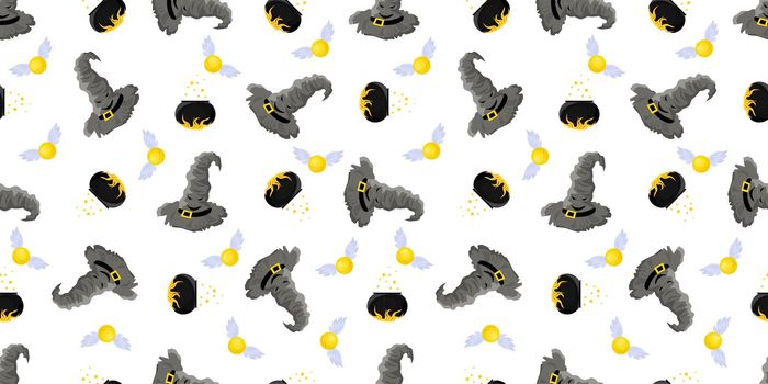 Seamless pattern magic and sorcery. Hat of predictions and a broom for flying. Hogwarts School.