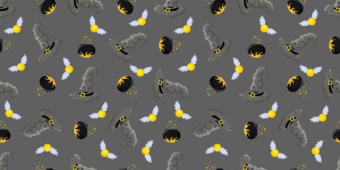 Seamless pattern magic and sorcery. Hogwarts School of Magic. Children's and teenage style.