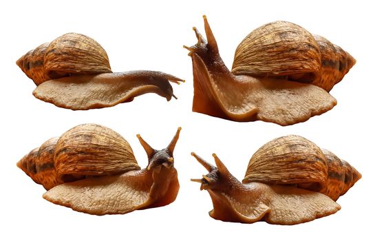 Achatina reticulata black-headed snail four different species on a white background, a huge large African snail with a large striped shell