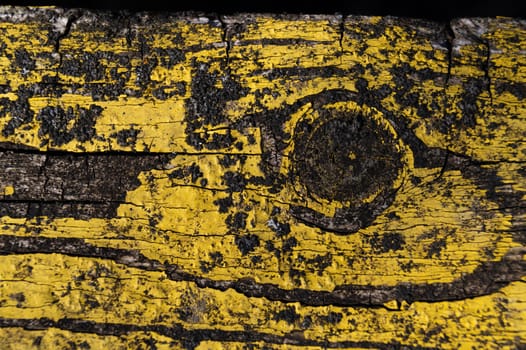 A part of old yellow wooden fence. The yellow paint on wood is old and cracked. Perfect painted wooden texture.