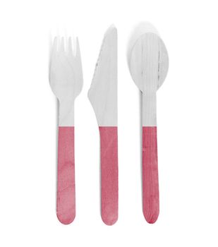 Eco friendly wooden cutlery - Plastic free concept - Isolated - Flag of Poland