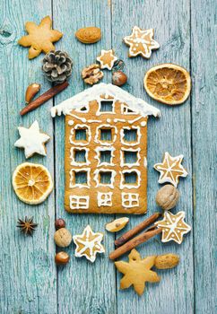 Christmas gingerbread cookie in the form of a house.Christmas holiday