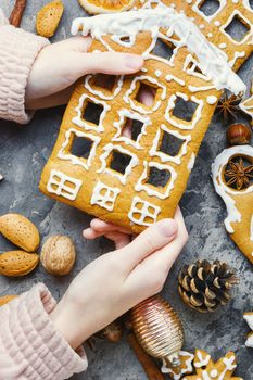 Christmas gingerbread cookie in the form of a house.Christmas holiday