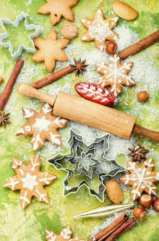 Christmas gingerbread cookies,cookie cutters and rolling pin