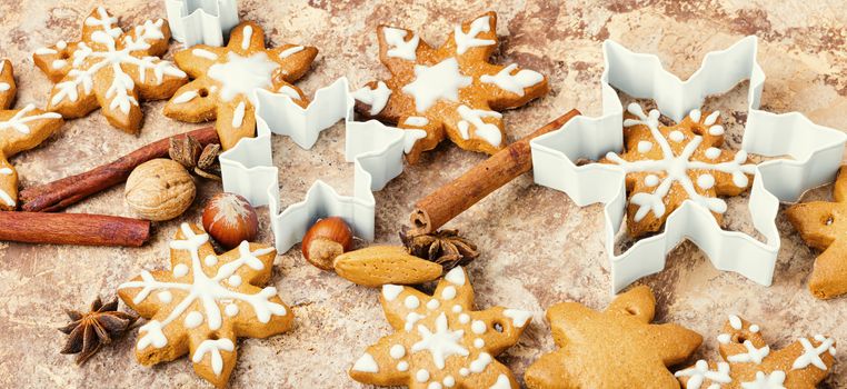 Christmas gingerbread cookies with festive decoration.Christmas and New Year concept.Festive food