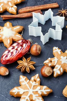 Christmas gingerbread cookies with festive decoration.Christmas and New Year concept