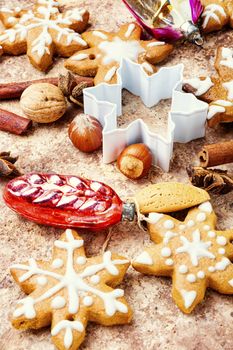 Christmas gingerbread cookies with festive decoration.Christmas and New Year food