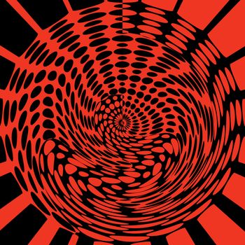 A background of red and black with red and black spots in a vortex