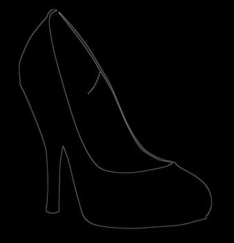 A stiletto heel shoe in silhouette outline with white reliefe over a black background