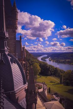 Fairytale view of the Rheine valley seen from the Drachenburg castle in Bonn, Germany.