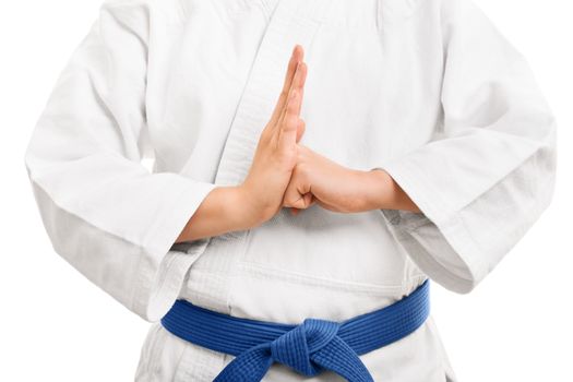 A close up shot of a martial arts fighter in a white kimono with blue belt performing a hand salute, isolated on white background.