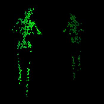 Abstract green human with outstretched arms all over a black background