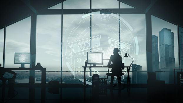 A woman web developer working at a computer in her office on the background of skyscrapers and infographics.