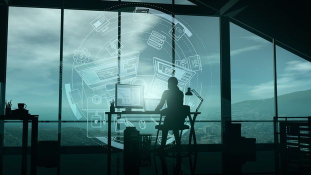 A woman works at a computer in her office against the background of a pan-window and infographics.