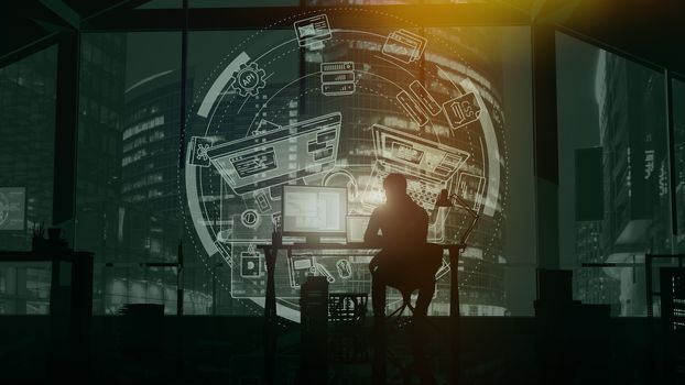 Silhouette of a web developer sitting in his office with windows on a business center and infographics in front of him.