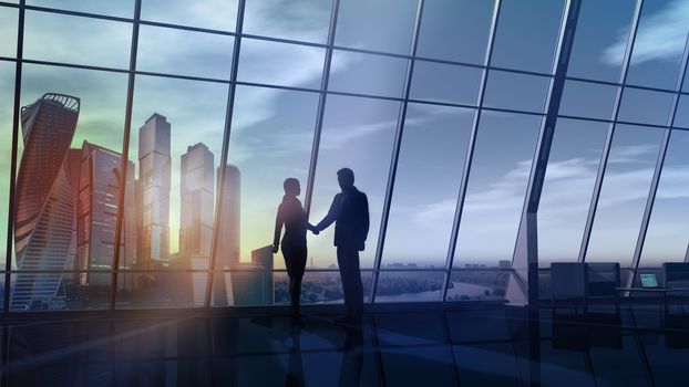 Silhouettes of man and woman at the time of a handshake against a panoramic window with a view of the skyscrapers.