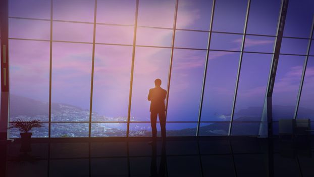 A silhouette of a businessman standing against an office window with a view of the coastal town.